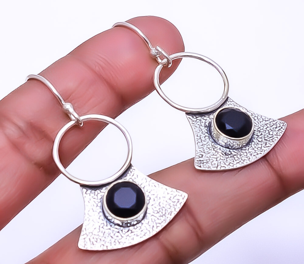 Black Onyx 925 Sterling Silver Textured Basket Earring 1.68