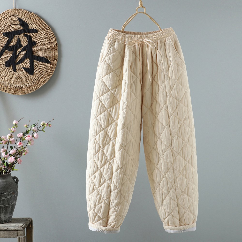 Womens Linen High Waist Lace Up Padded Pants Winter Warm Casual Quilted Trousers
