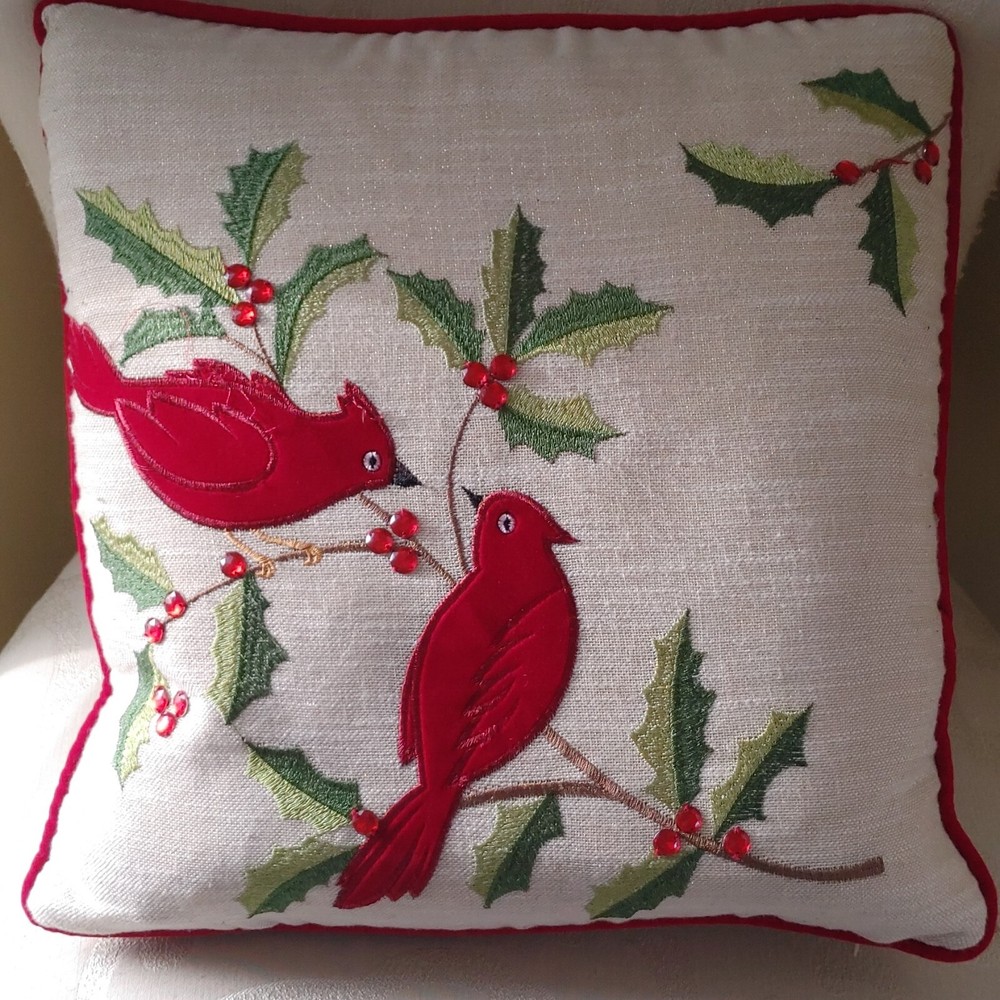 Cardinal Christmas Cushion Beaded Embroidered Linen Velvet Holiday Decor