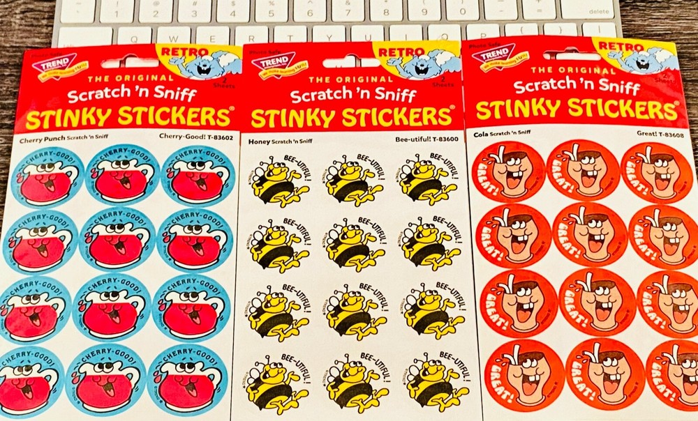 72 TREND Scratch n Sniff RETRO STINKY STICKERS, CHERRY PUNCH + HONEY + COLA