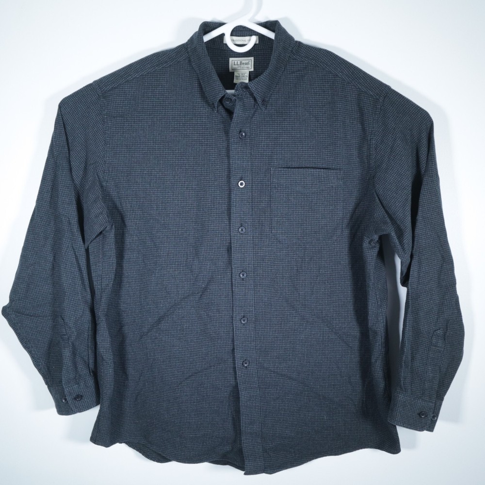 LL Bean Mens Houndstooth Flannel Shirt XL Black Traditional Plaid