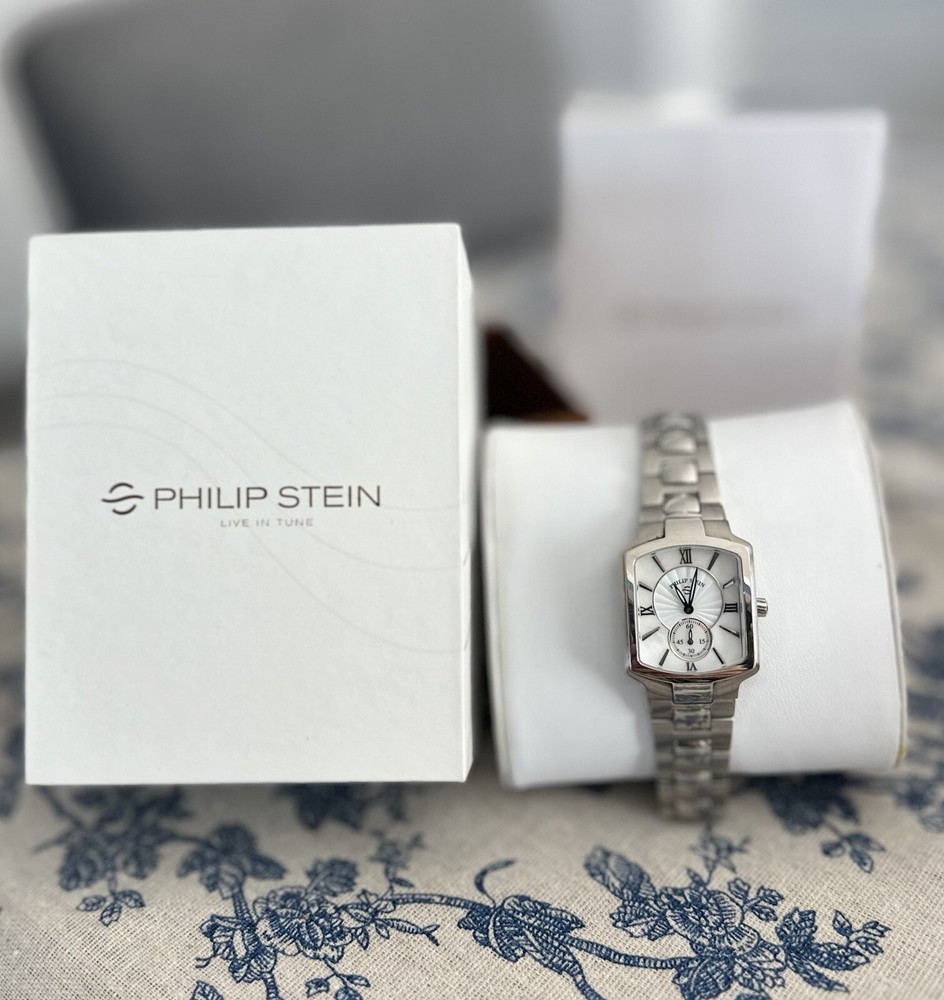 Philip Stein Classic Square Woman’s Watch W/Mother Of Pearl Face & New Battery