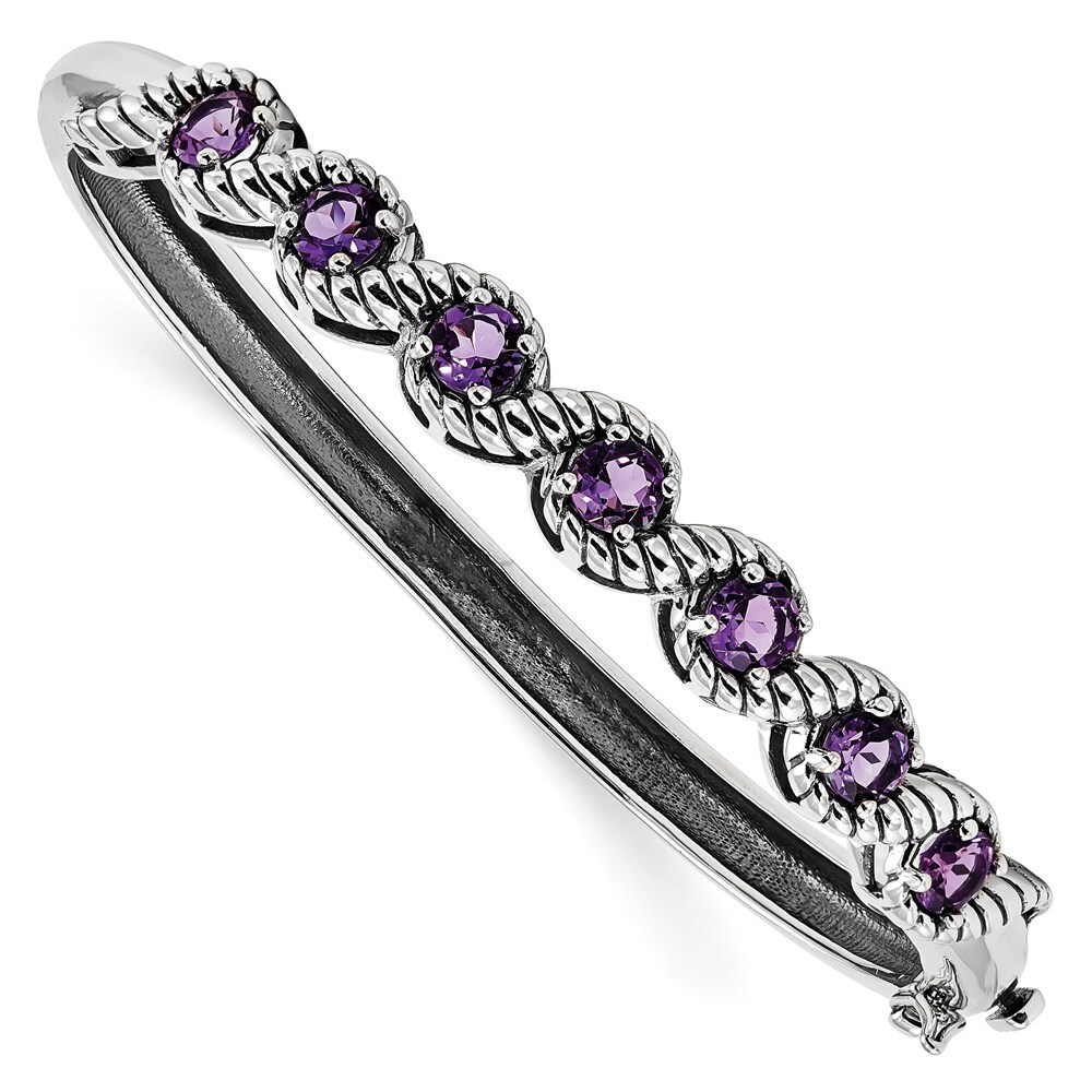 Sterling Silver Rhodium-plated Amethyst Hinged Bangle Bracelet 7.25