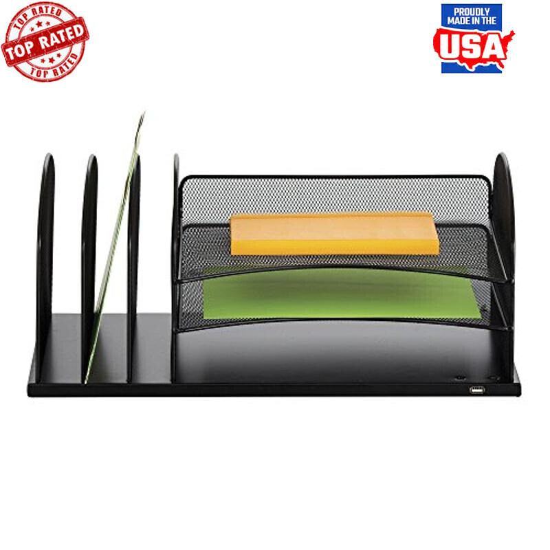 Black Steel Desktop Organizer with 3 File Sorters & USB Charging Port