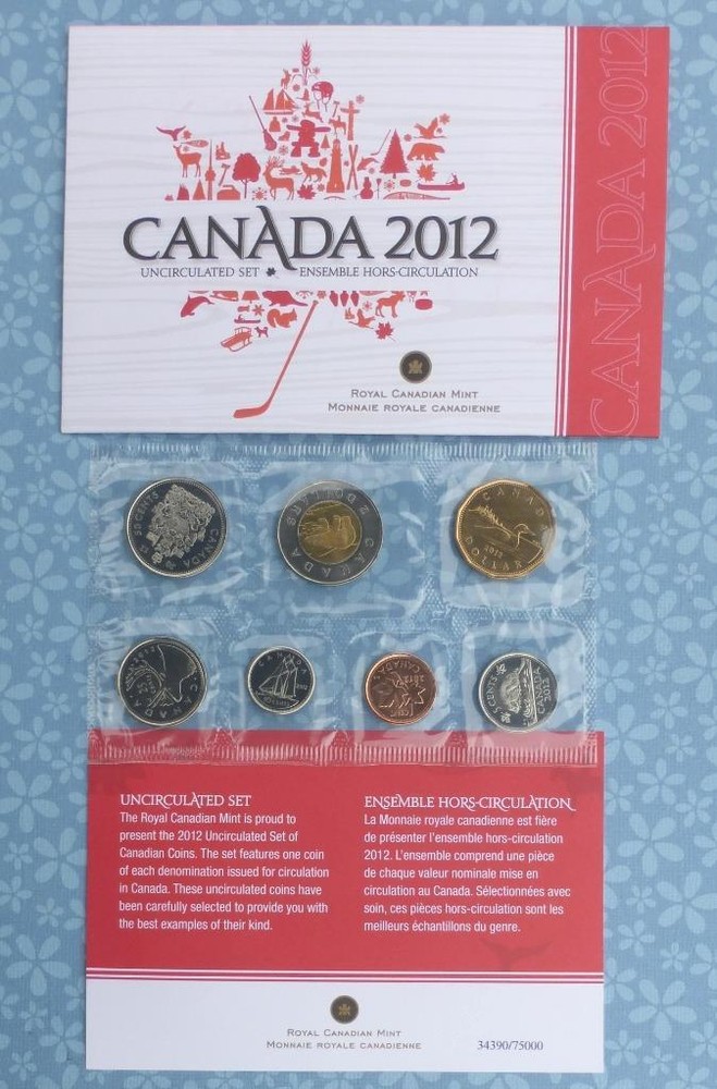 2012 Canada Uncirculated Set, 7 Royal Canadian Mint Coins with Envelopes