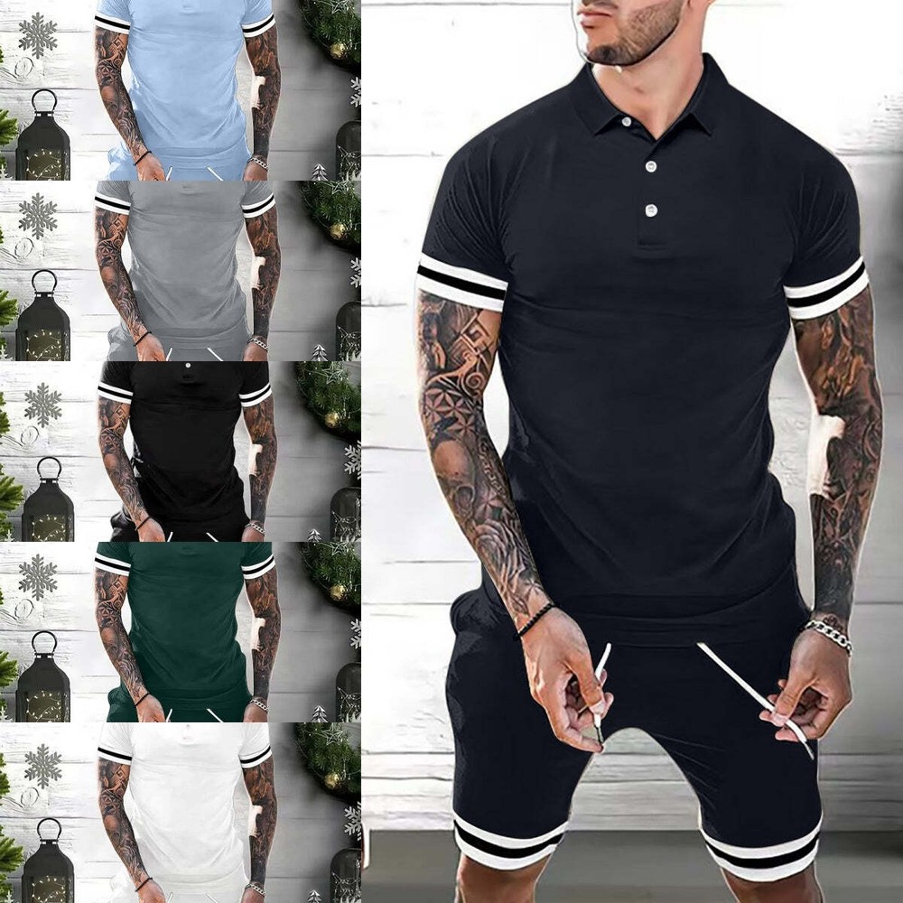 Mens Short Sets 2 Piece Outfits Polo Shirt Fashion Summer Tracksuits Casual Set