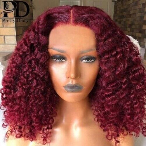 13x4 Red Short Bob Lace Front Wig Curly Human Hair Brazilian Glueless 99J