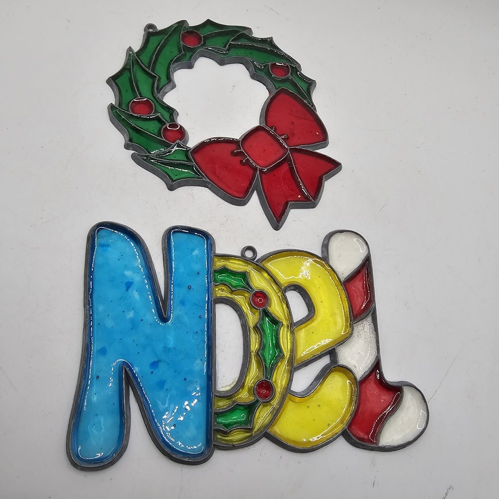 Ornaments Christmas Wreath Noel Plastic Stain Glass Look Set Of Two