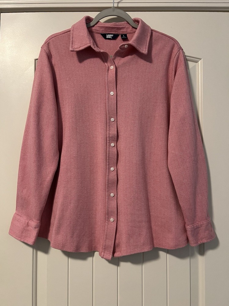 Lands End Womens Red Herringbone Cotton Blend Button Up Blouse Size L