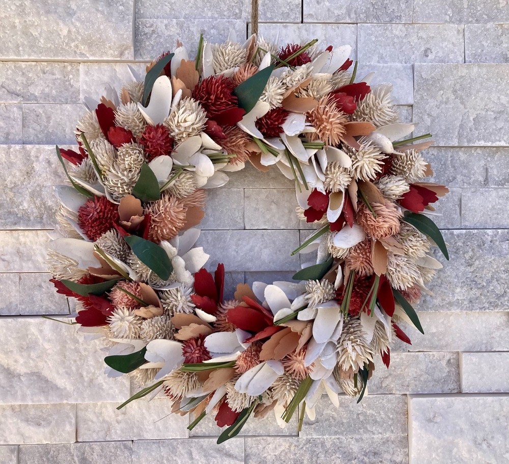 13-Inch Natural Woodchip Floral Wreath for Front Door Decor
