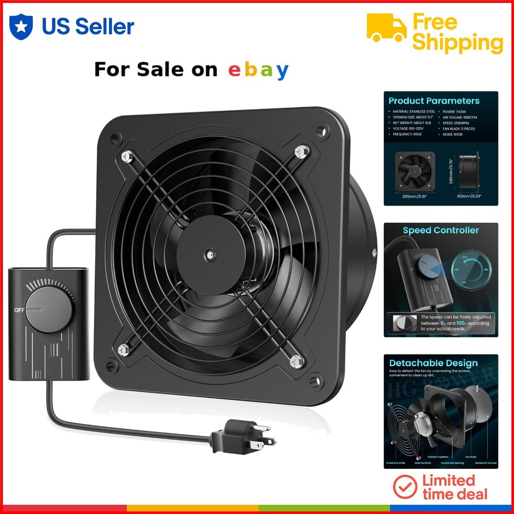 10 Inch Exhaust Fan Metal Kitchen Bathroom Attic Ventilation with Speed Control