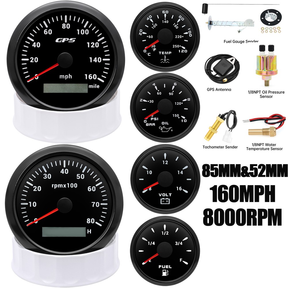 85mm 6 Gauge Set GPS Speedometer 160MPH Tachometer 8000RPM with Sensor for Car Boat