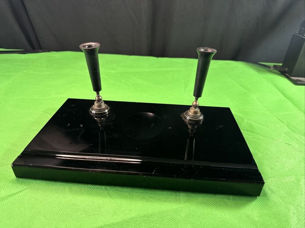 Vintage Black Gloss Marble Base 2 Pen StandBakelite Rest Rare 10x6’’