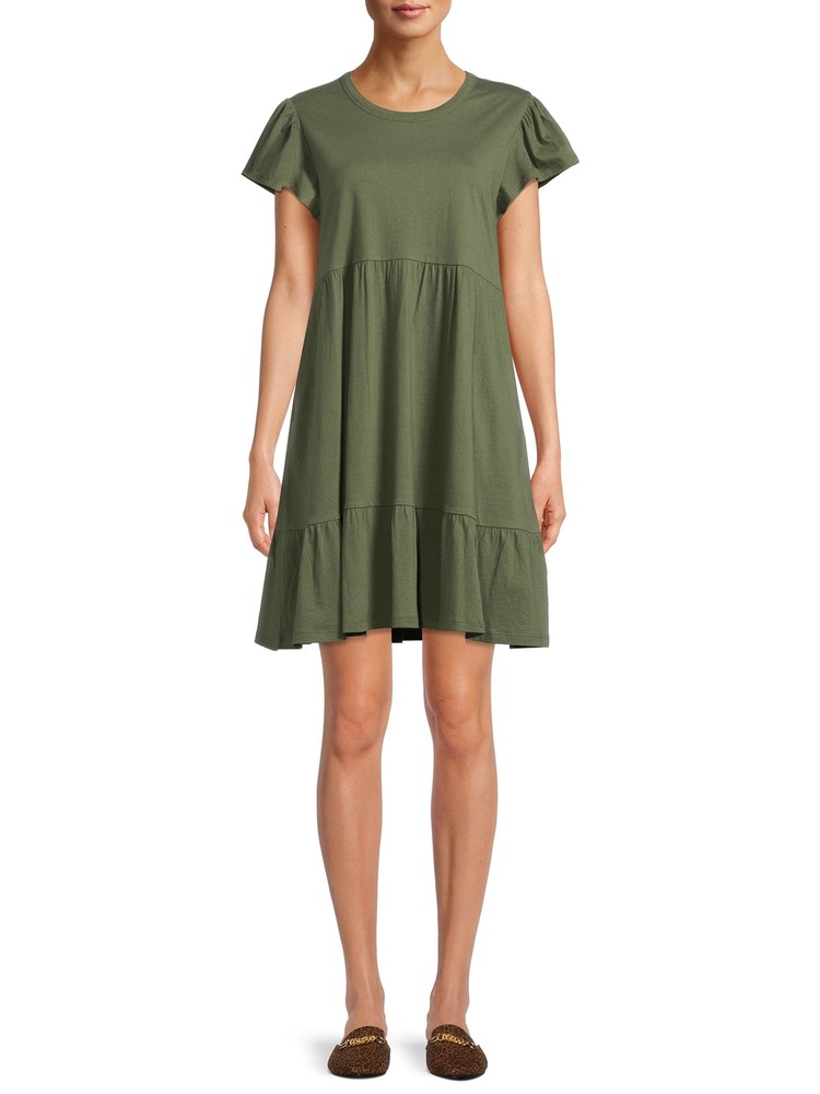TIME AND TRUE Womens Green Flutter Sleeve Above The Knee Shift Dress XS