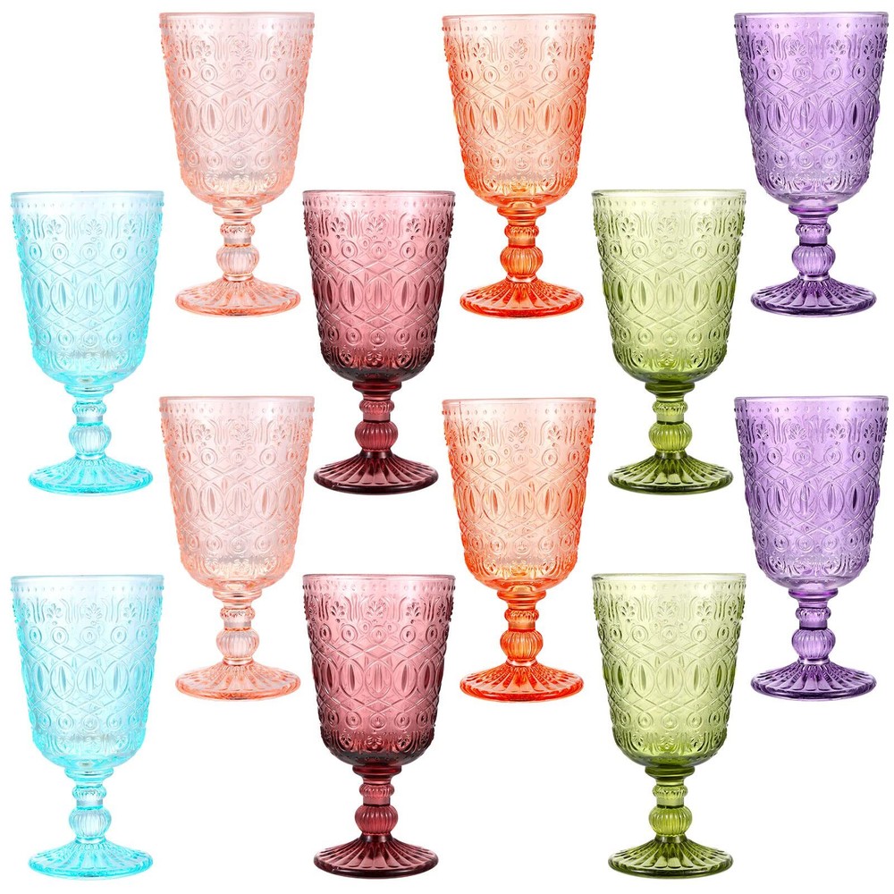 12-Piece Vintage Colored Wine Glass Set - 9 Oz Elegant Goblets for Beverages