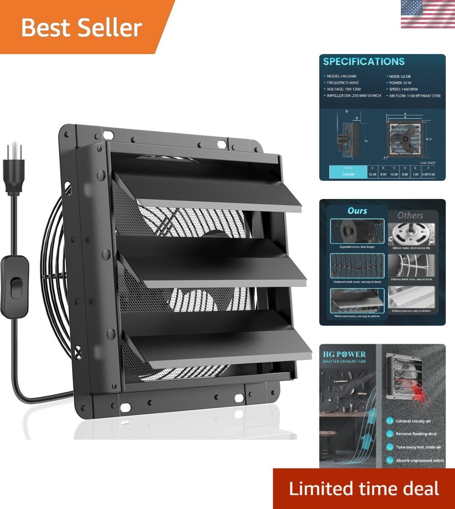 10 Inch Low Noise 647CFM Black Gable Exhaust Fan for Shed Ventilation