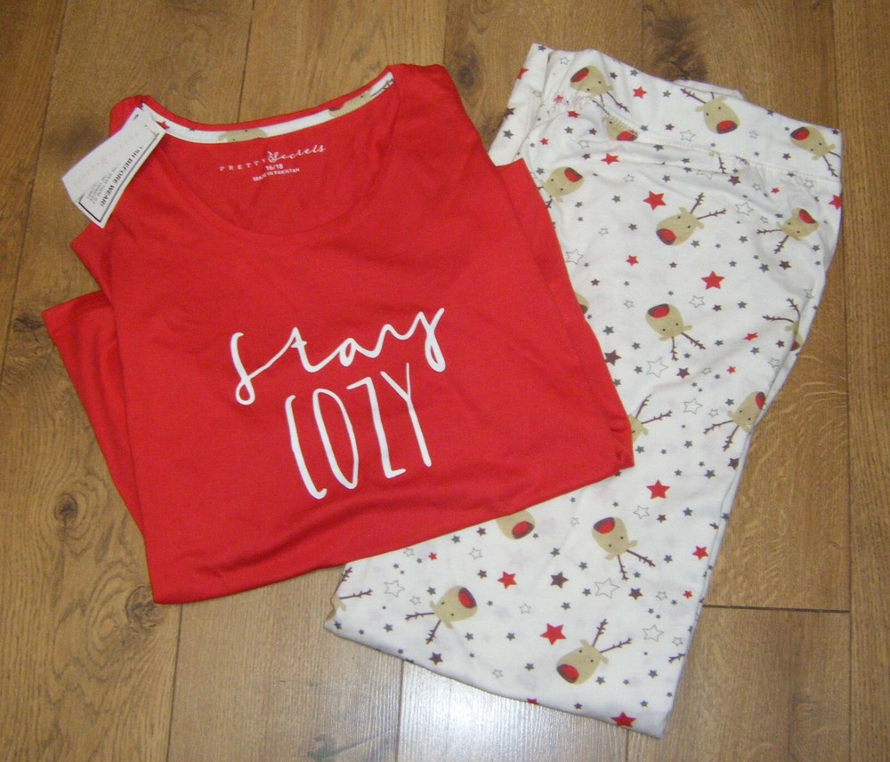 Cozy Red Pyjama Set Size 16-18 Wide Leg Christmas Nightwear