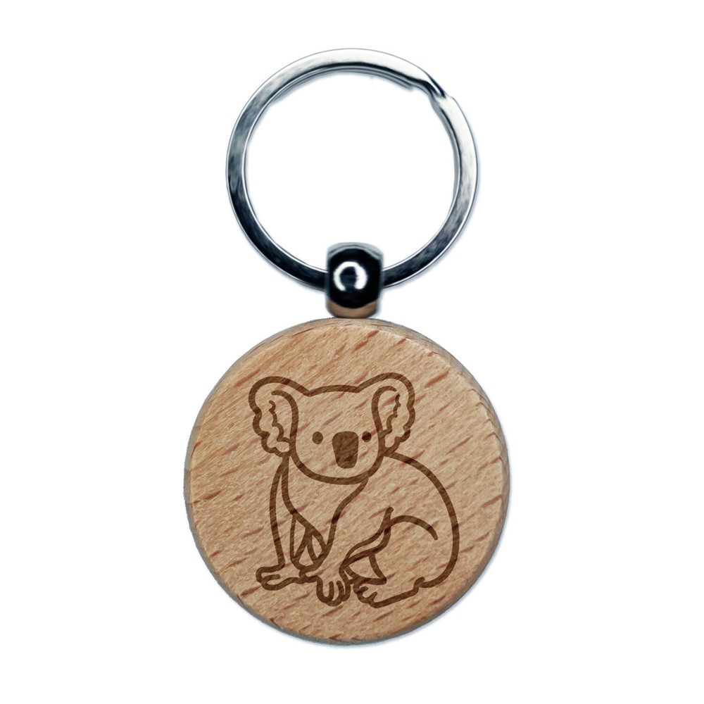 Koala Bear Sitting Engraved Wood Round Keychain Tag Charm