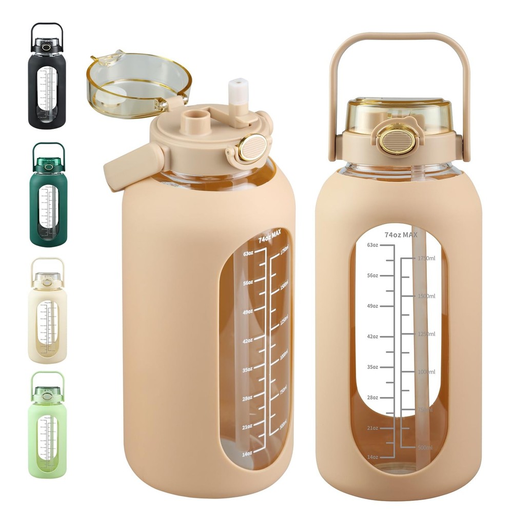74oz Glass Water Bottle with Straw & Lid - Large Gallon Jug with Silicone Sleeve