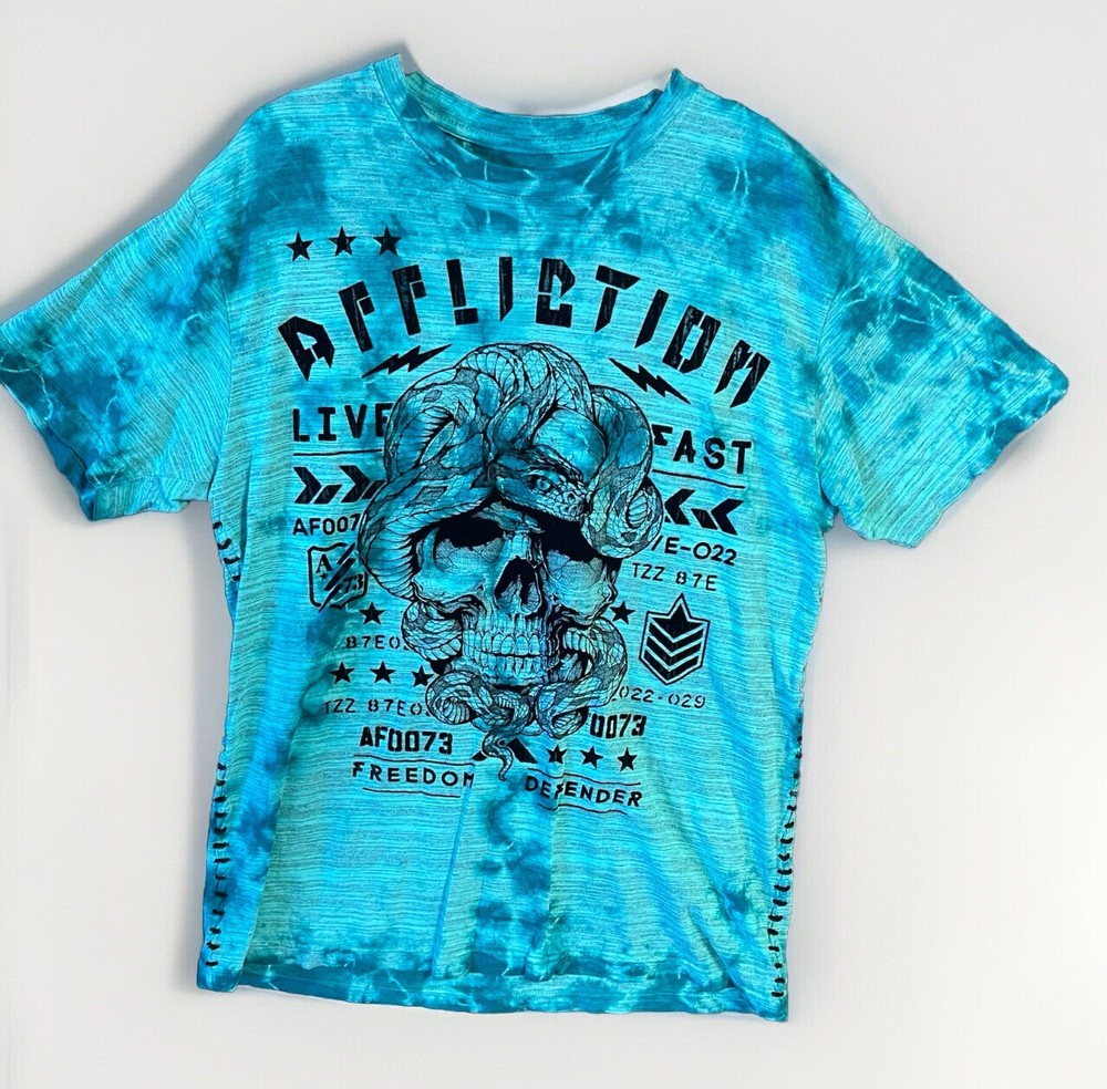 Vintage Y2K Affliction Mens T Shirt Crewneck Graphic Green Large Skull Snakes