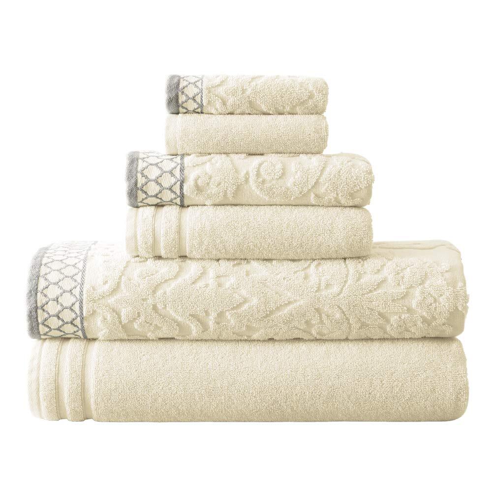 Ivory 6-Piece 550GSM Combed Cotton Towel Set with Embellished Borders