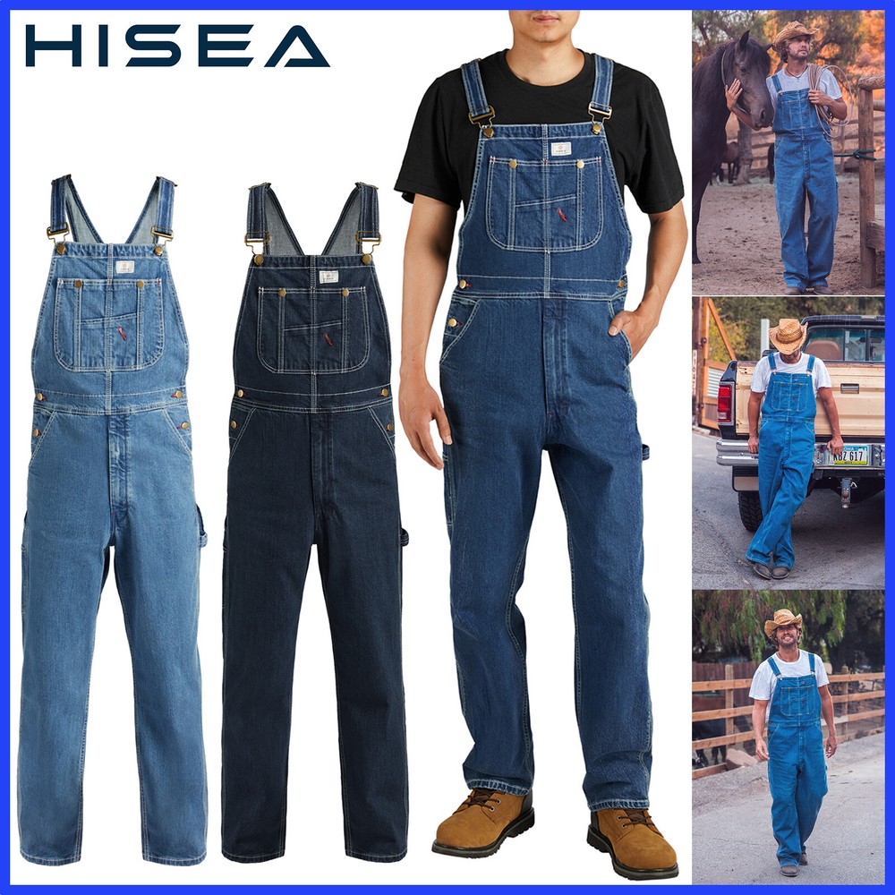HISEA Mens Heavy Duty Denim Bib Overalls Relaxed Fit Workwear Dungarees Jumpsuit