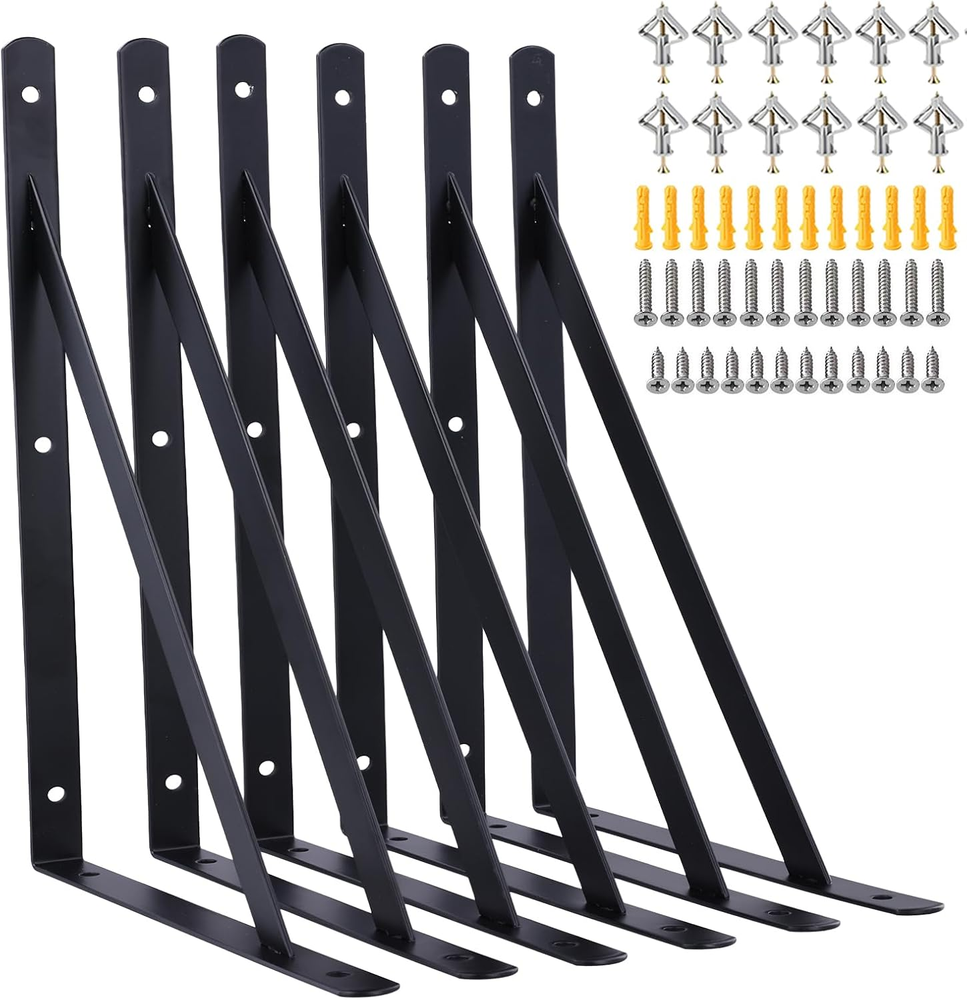 Shelf Brackets 12 X 8 Inch, 6 Pack Wall Shelf Brackets with 90 Degree Triangle,