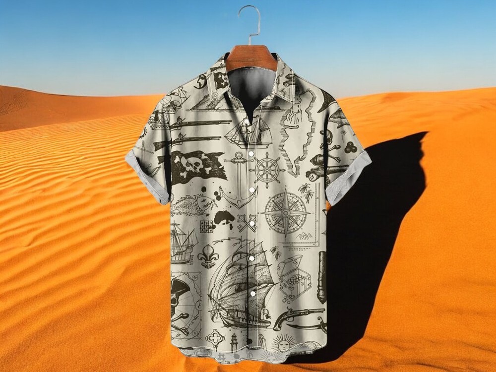 Nautical Pirate Boat Hawaiian Shirt Easy Care Aloha Design