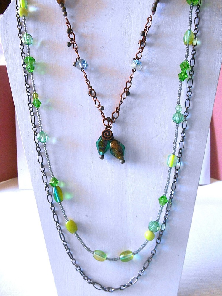 Lot of 2 Green Multi-color Beaded Necklaces