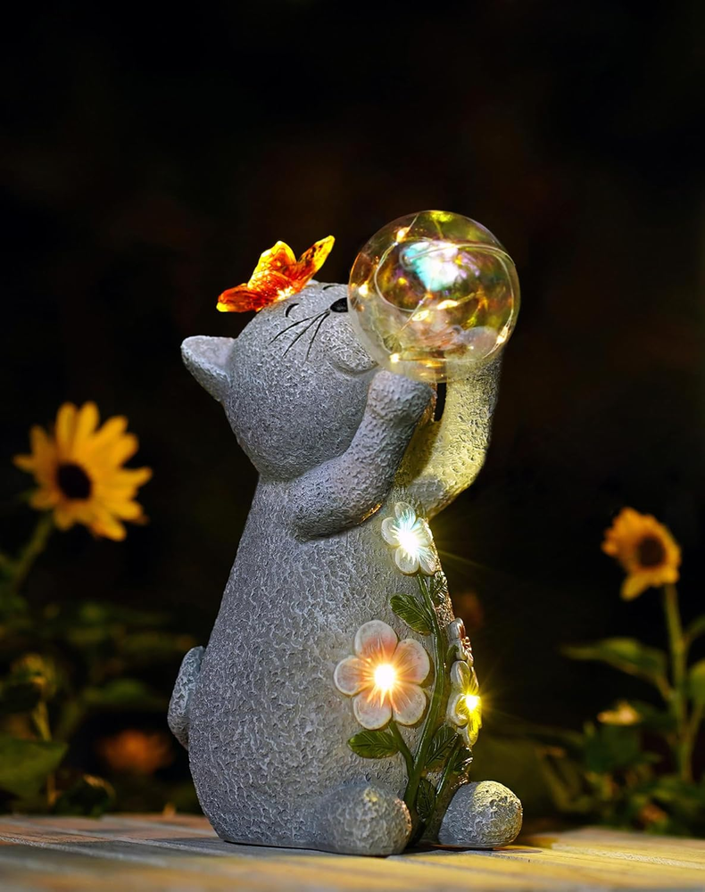 Solar-Powered Cat Statue with Butterfly & Succulent Decor for Gardens