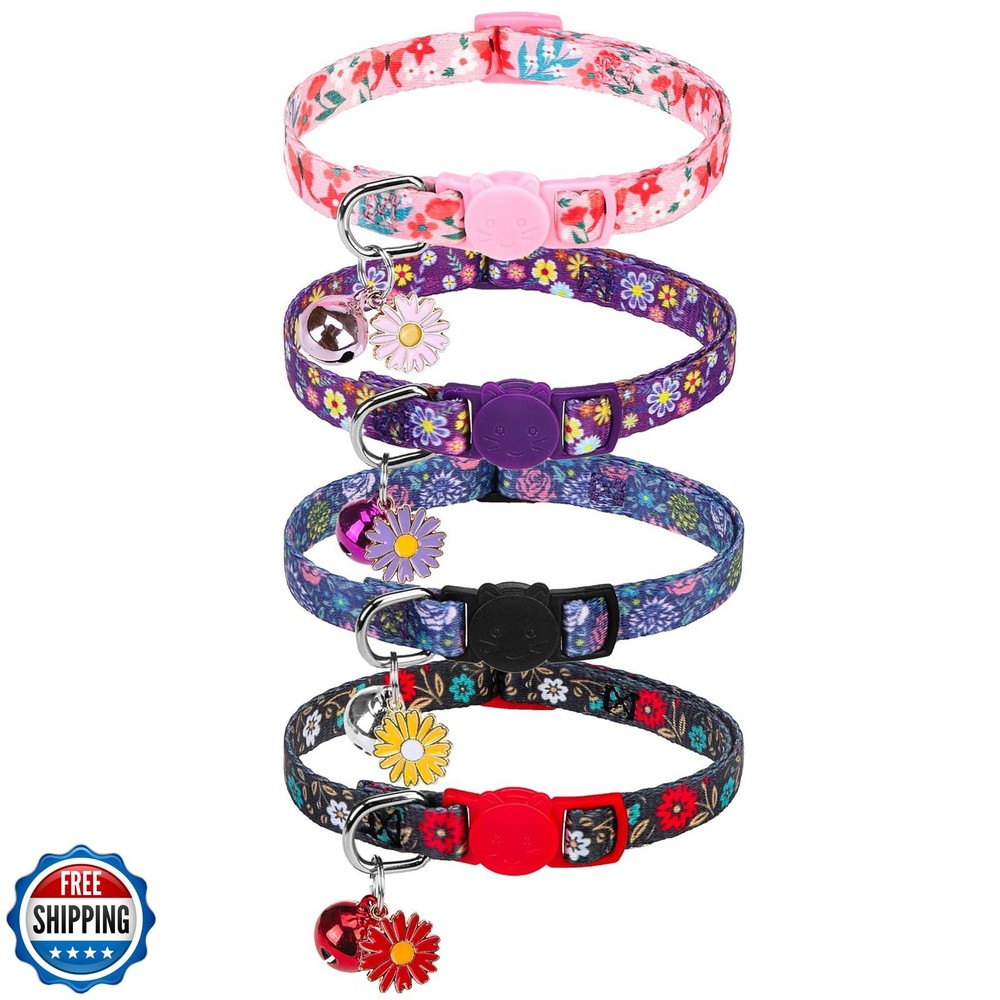 Cute Breakaway Cat Collars with Bells - 4 Pack Floral Daisy Design