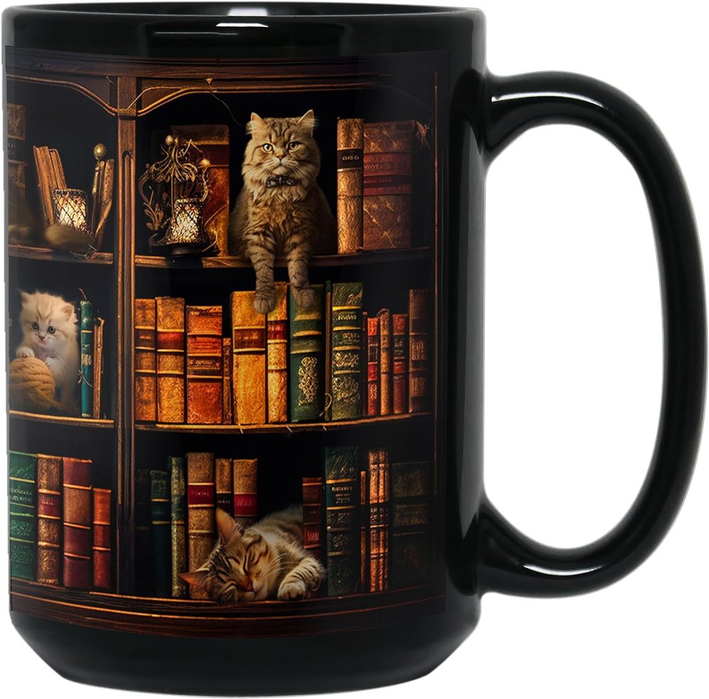 Cat Book Mug 15Oz Lovers Gifts for Readers Bookish Women Library Bookshelf Black