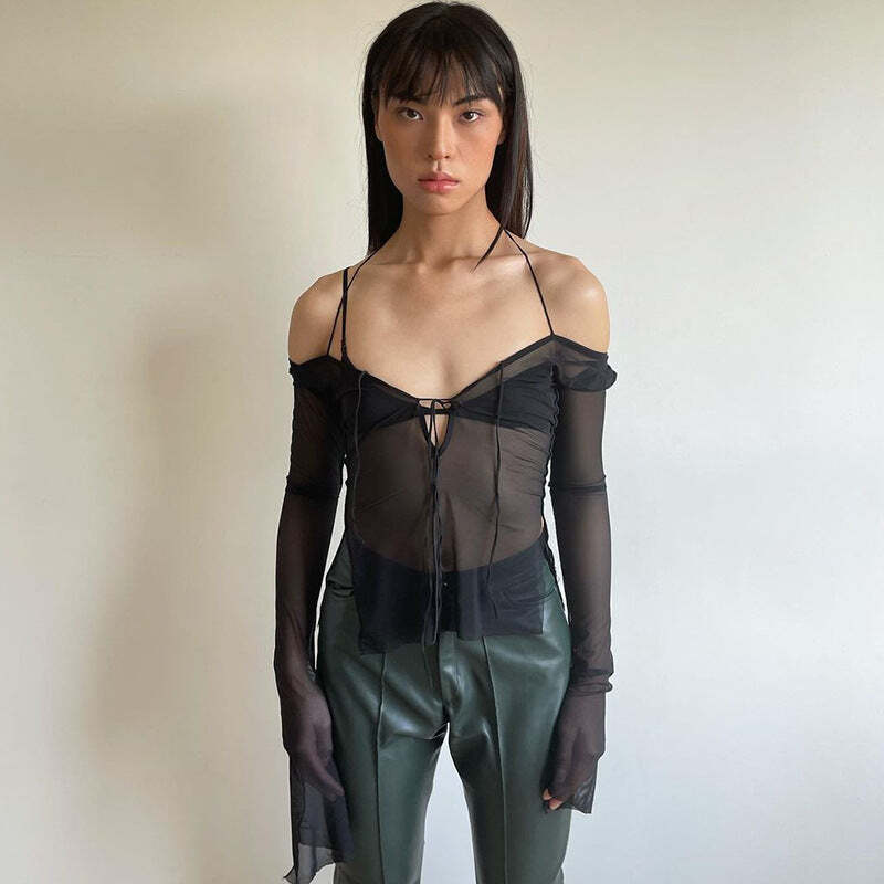 Halter Perspective Slit Long Sleeved Blouse Women casual top