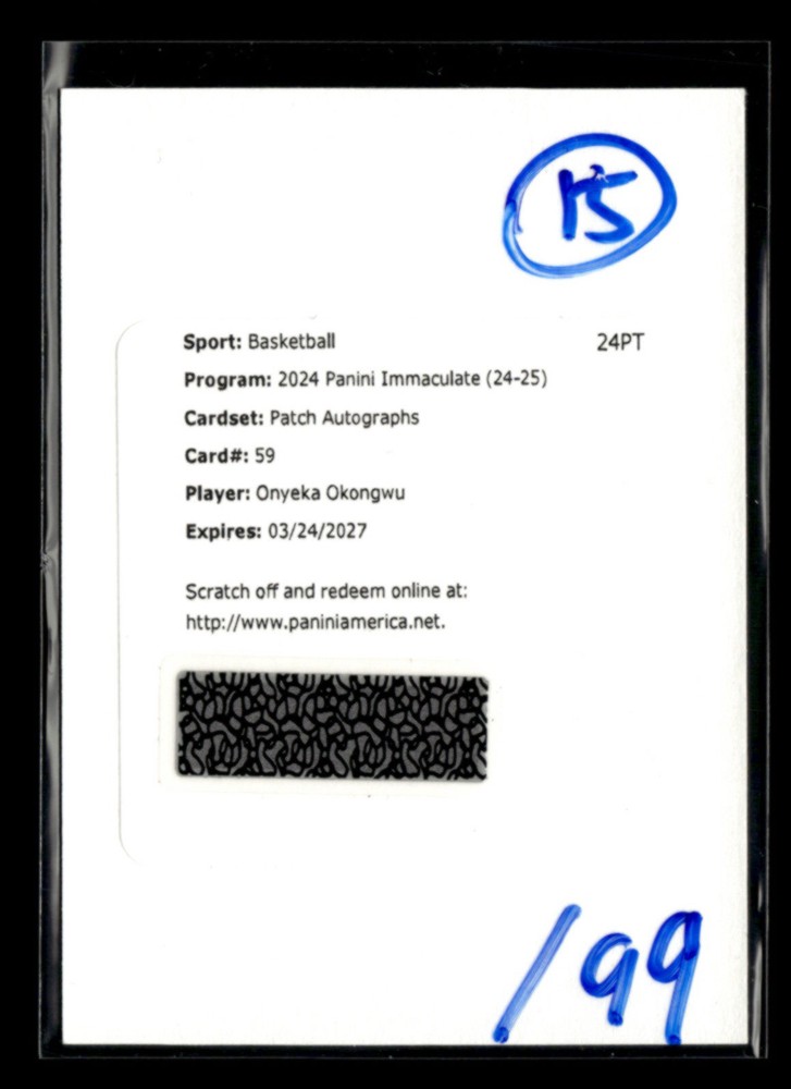 Onyeka Okongwu 2024-25 Panini Immaculate Patch Auto /99 Redemption [mty