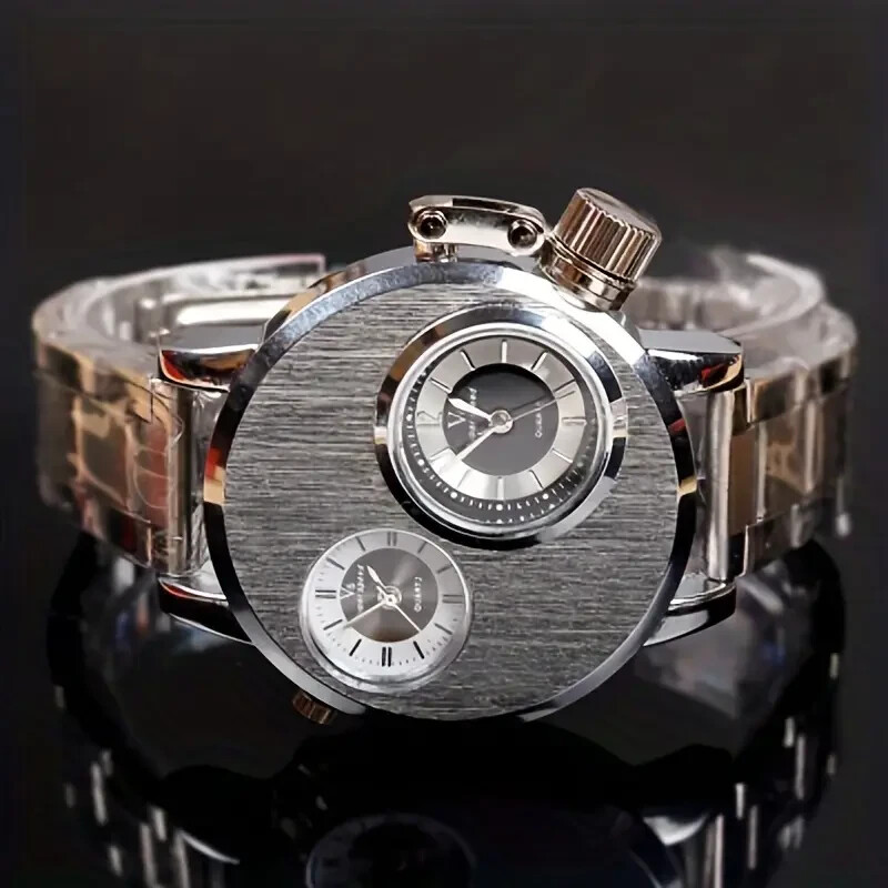 Fashion Trendy Men Double Movement Stainless Steel Luxury Wrist Watch Large