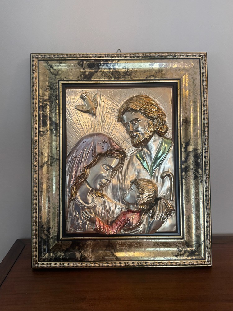 Vintage Italian Sterling Silver Arg 925 3D Framed Holy Family Mary Joseph Jesus