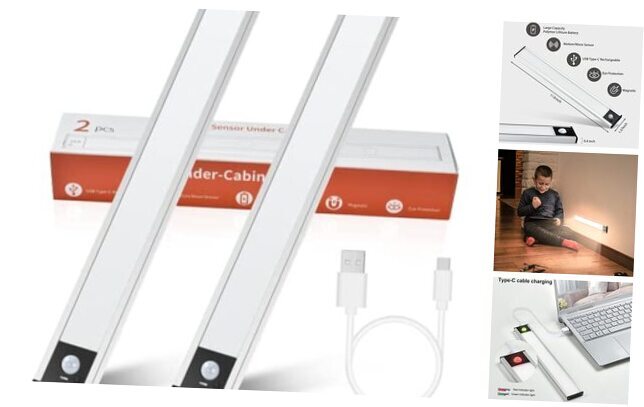 Luz Bajo Armario, Pack de 2 58 LED Recargable Sensor de Movimiento Luz, 3 Colores