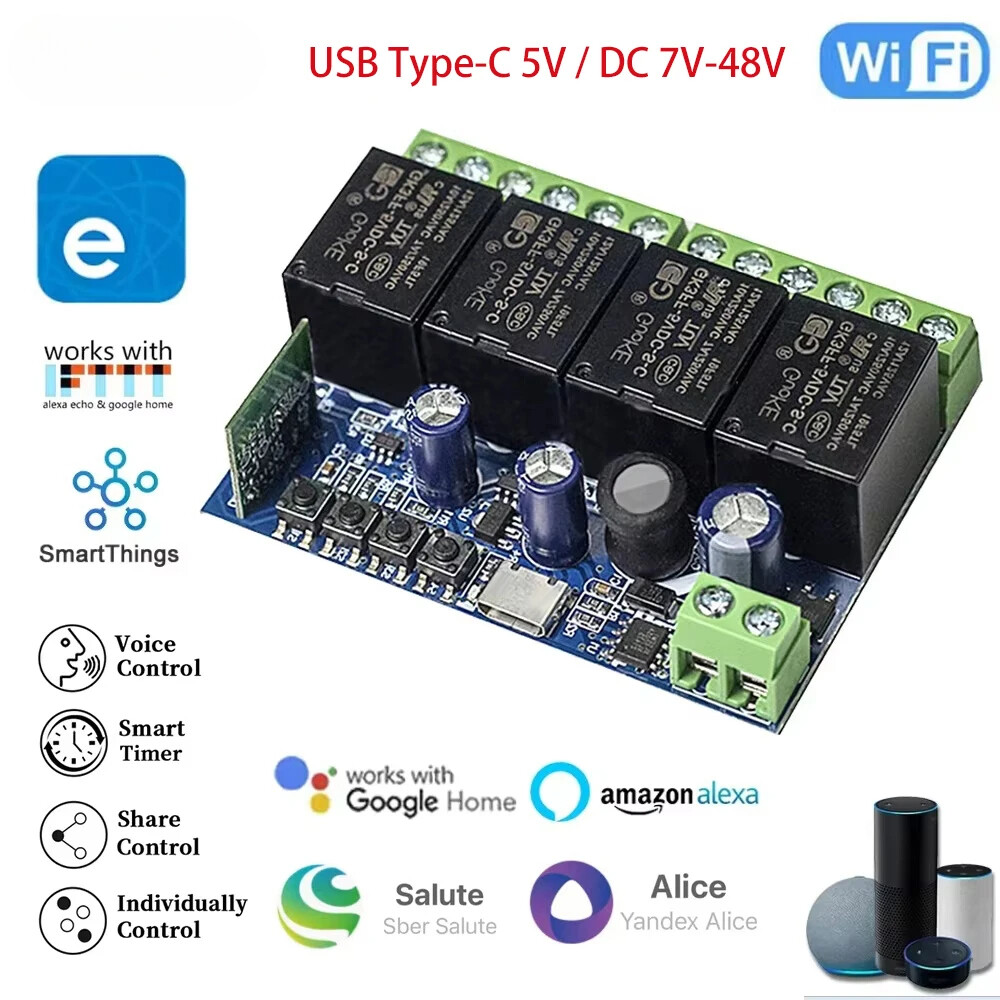 4CH Smart WiFi Switch Relay Module for DC 5V 12V 24V 48V Wireless Control