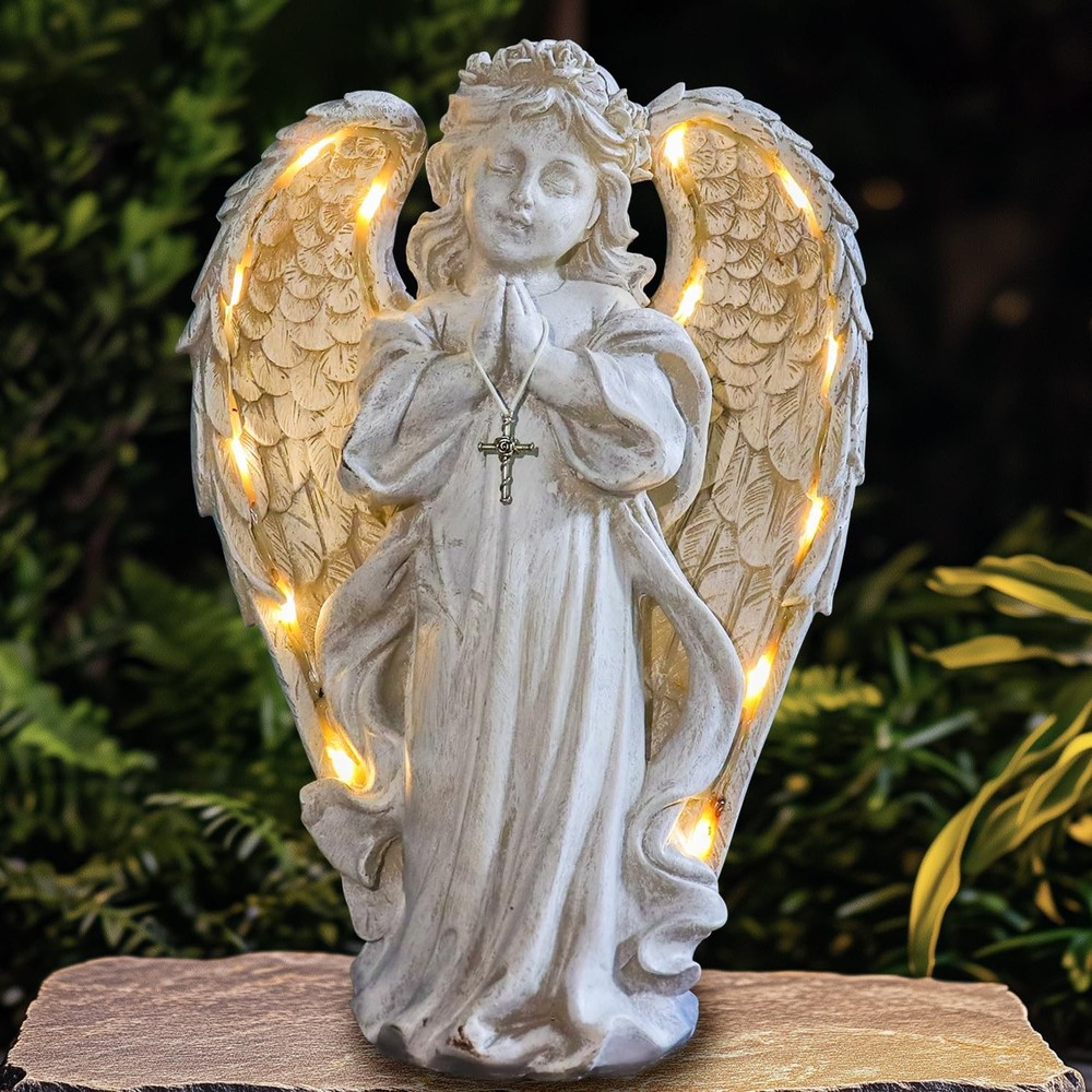 Solar-Powered LED Garden Angel Statue with 11 Warm White Lights for Outdoor Decor