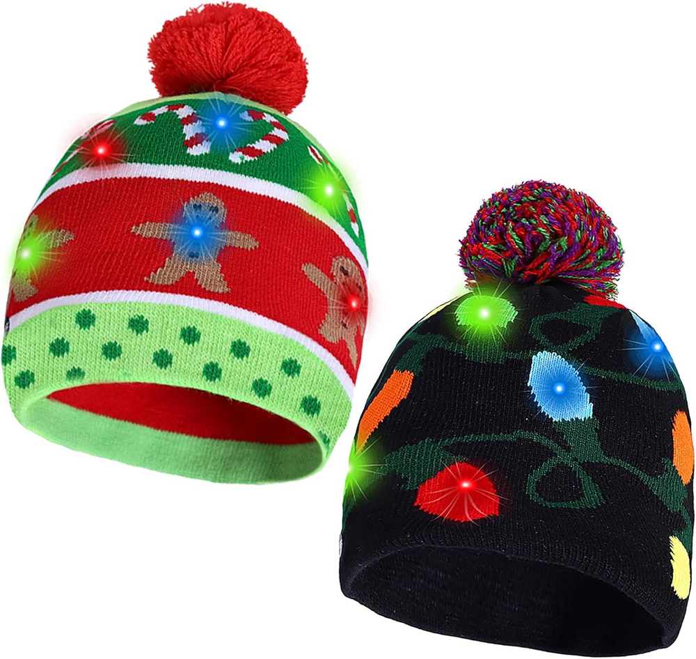 2 Pack Christmas LED Light-up Knitted Beanie Hat Colorful Flashing Holiday Xmas