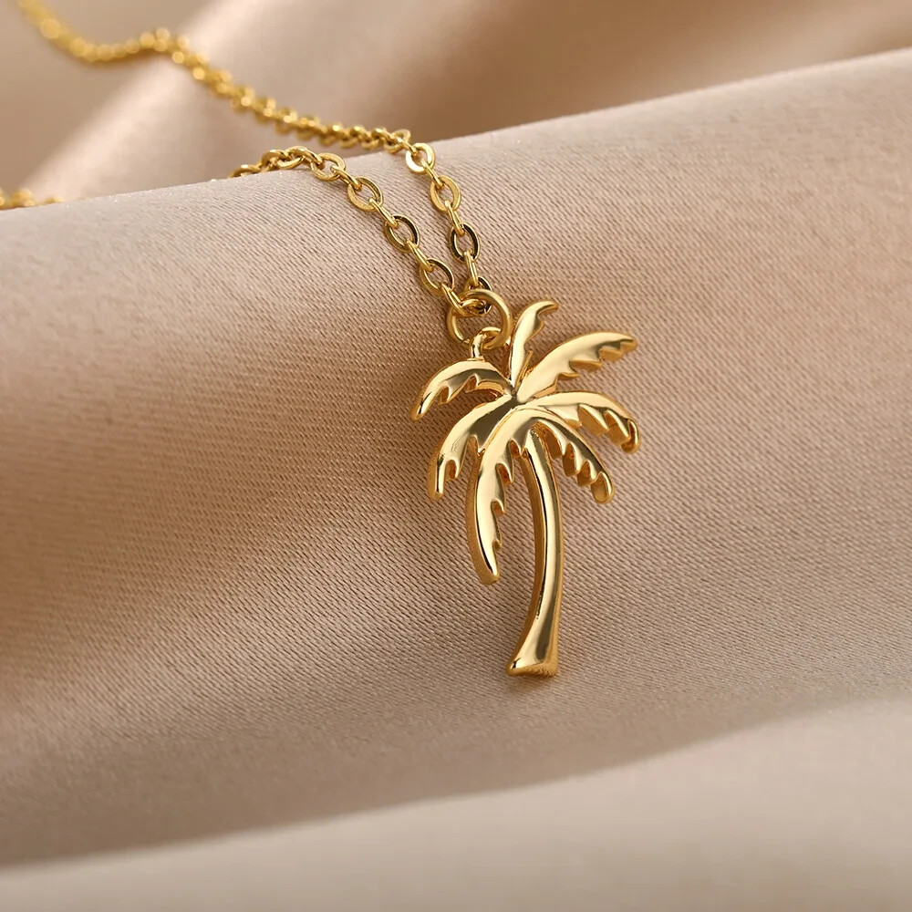 Gold Palm Tree Pendant Necklace Stainless Steel Coconut Tree, Beach Tropical