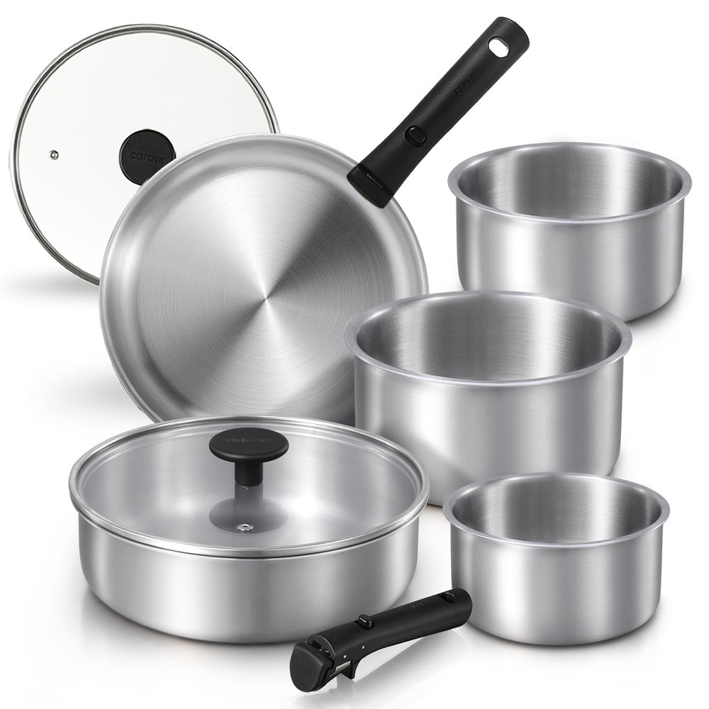 CAROTE 9pc Stainless Steel Cookware Set with Detachable Handles