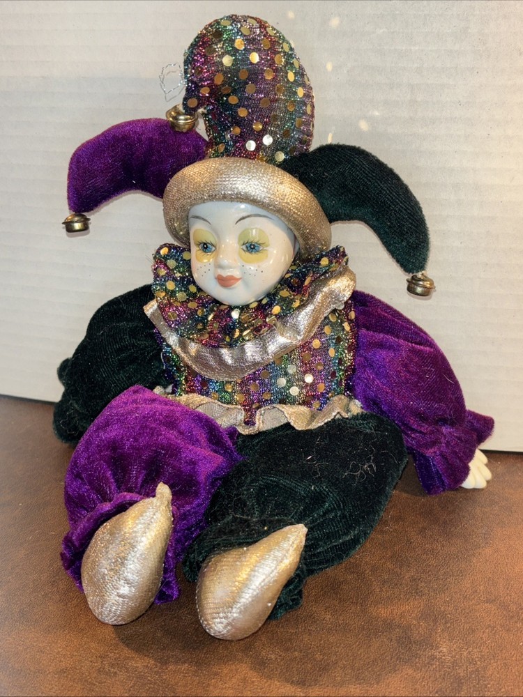 VTG Purple Green Harlequin Jester Porcelain Doll Mardi Gras Ledge Sitter