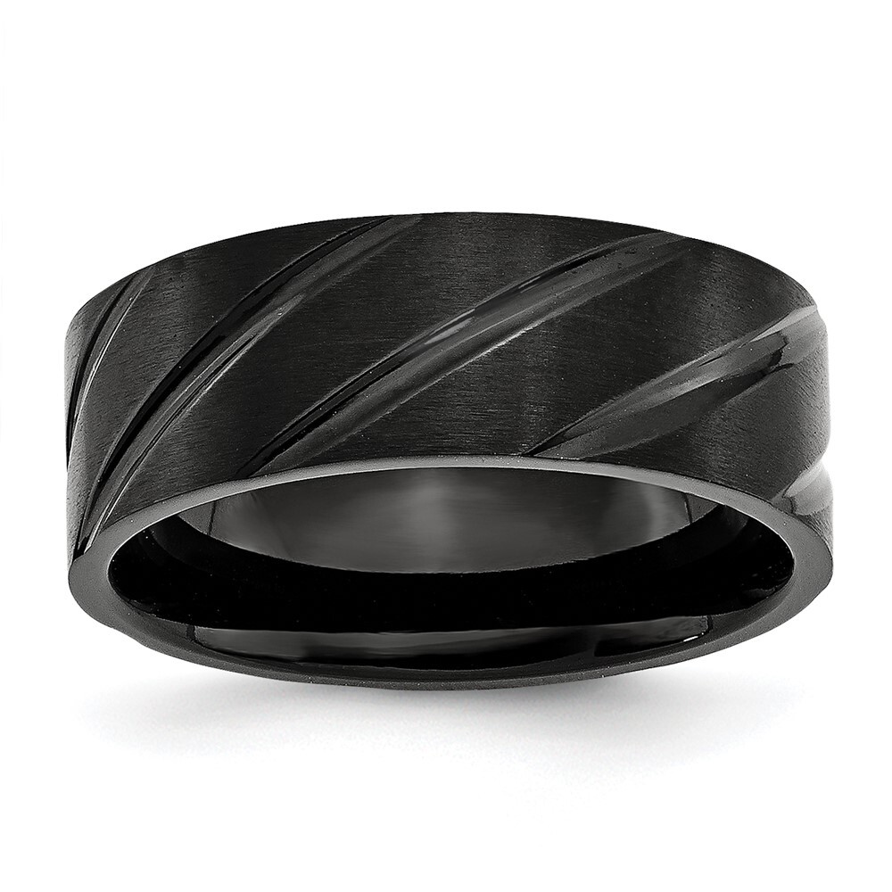 Titanium Brushed and Polished Black IP-plated Swirl Design 8mm Band Ring Size 12