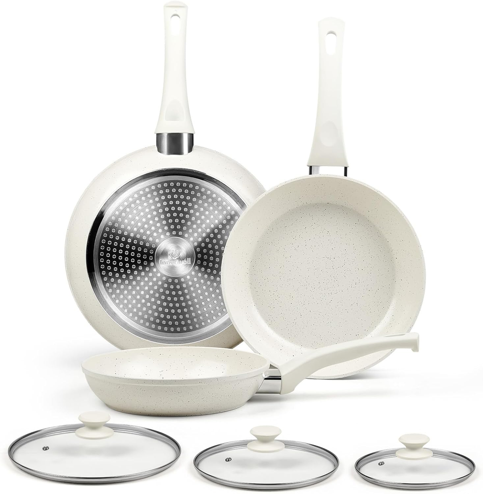 Ceramic Nonstick Induction Frying Pan Set with Lids - White Skillets