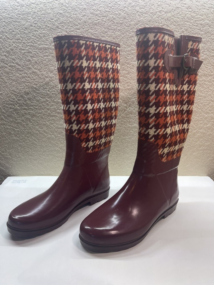Banana Republic Rain Boots Wellies Houndstooth Rubber Orange/Red Preppy Size 8