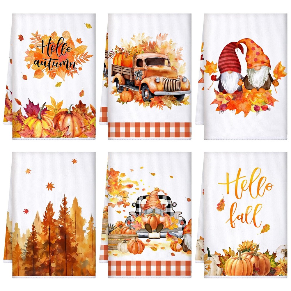 6 Pcs Thanksgiving Kitchen Towels Fall Pumpkins Dish Towels Maple Leaf Tea Towel