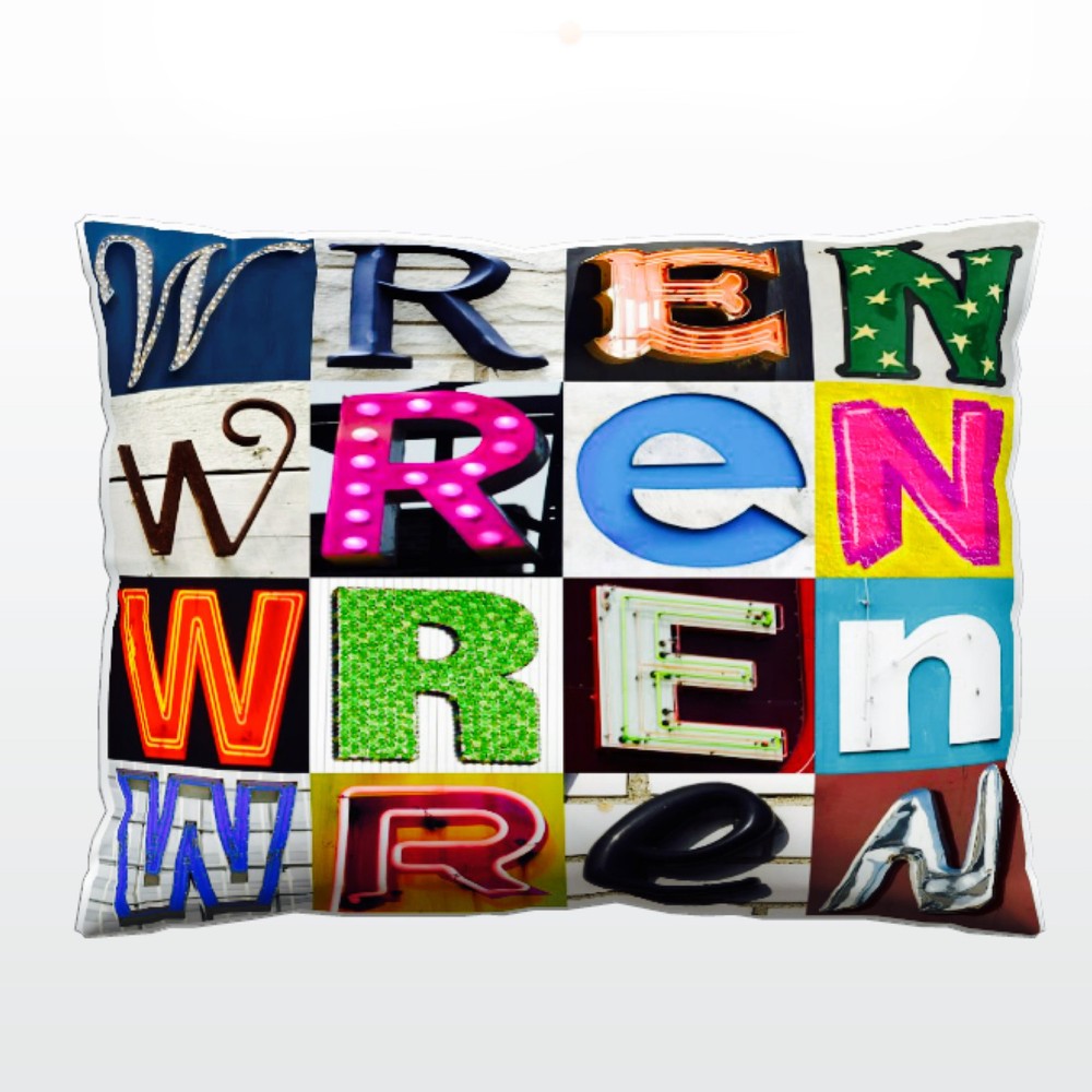 Personalized Pillow featuring the name WREN in photos of actual sign letters