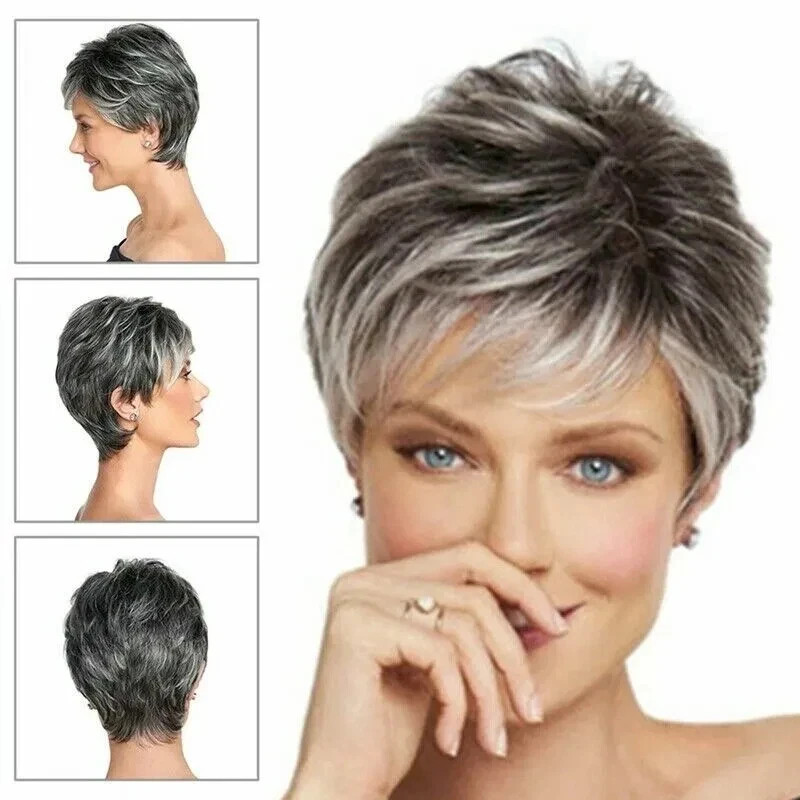 Short Pixie Cut Ombre Silver Grey Wigs Natural Gray Hair short Straight