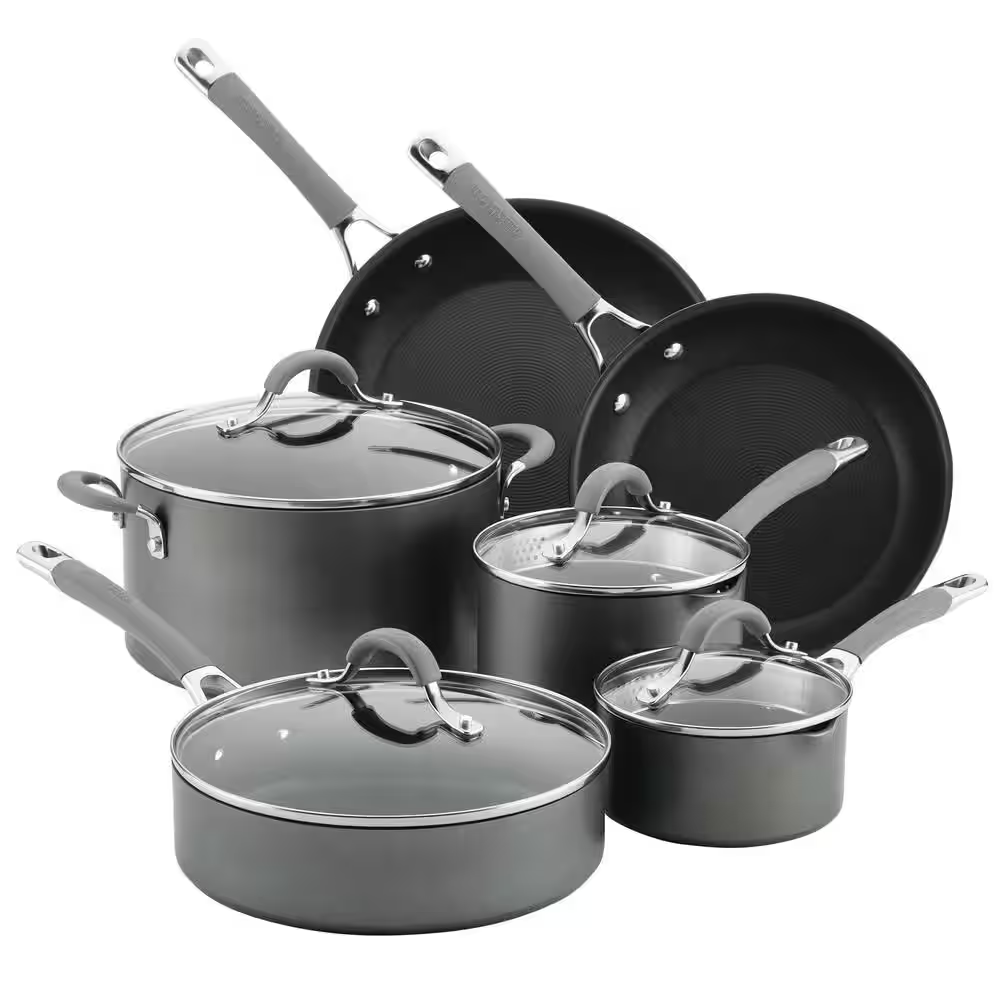 10 Piece Gray Hard Anodized Nonstick Cookware Aluminum Stainless Pots Pans Set